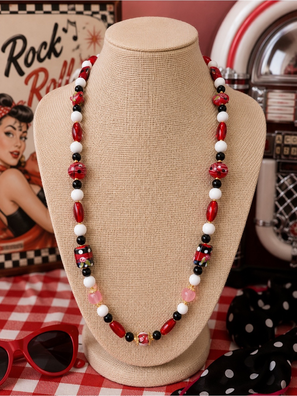 Handmade Vintage Lampwork Rose Qtz Czech Glass Beaded Necklace “Rockabilly Ruby”
